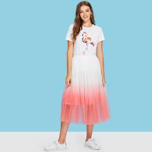 Shein Flamingo Print Tee & Ombre Circle Skirt Set