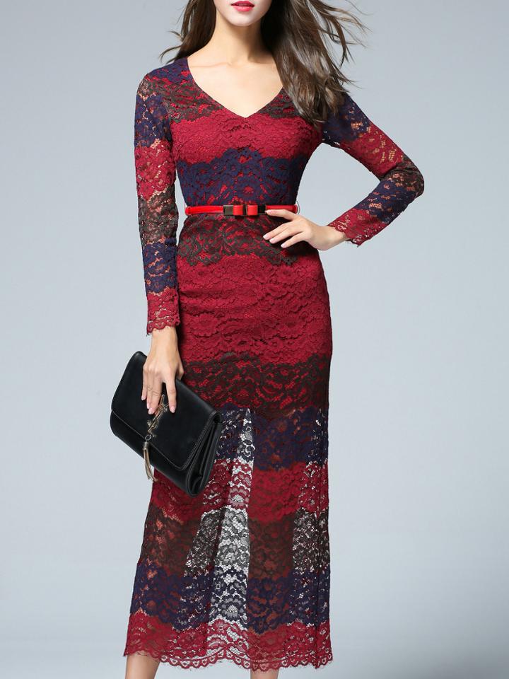 Shein Multicolor V Neck Long Sleeve Drawstring Lace Dress
