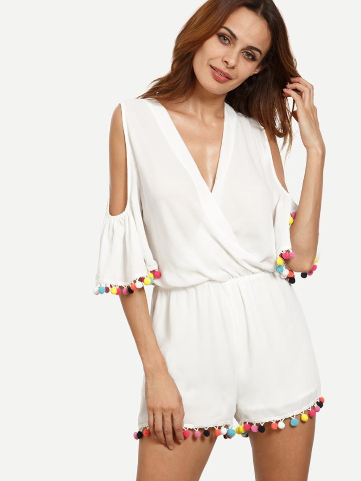 Shein White Wrap Front Cold Shoulder Pom-pom Jumpsuit