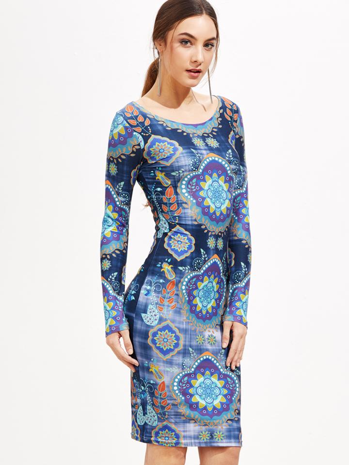 Shein Ornate Print Long Sleeve Pencil Dress