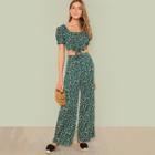 Shein Daisy Print Frill Neck Top & Pants Set