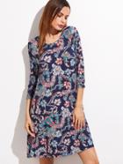 Shein Navy Floral Print 3/4 Sleeve Shift Dress