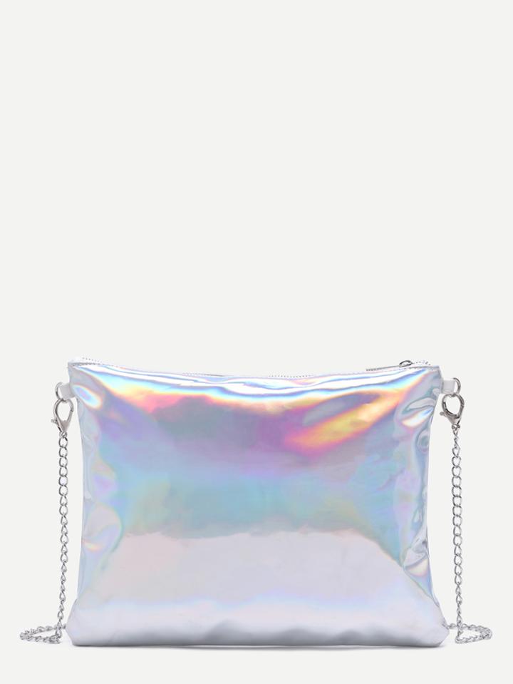 Shein Silver Metallic Pu Clutch Bag With Chain Strap