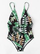 Shein Leaf Print Knot Swimsuit