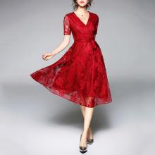 Shein Surplice Wrap Tie Waist Leaf Embroidered Lace Dress