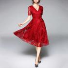 Shein Surplice Wrap Tie Waist Leaf Embroidered Lace Dress