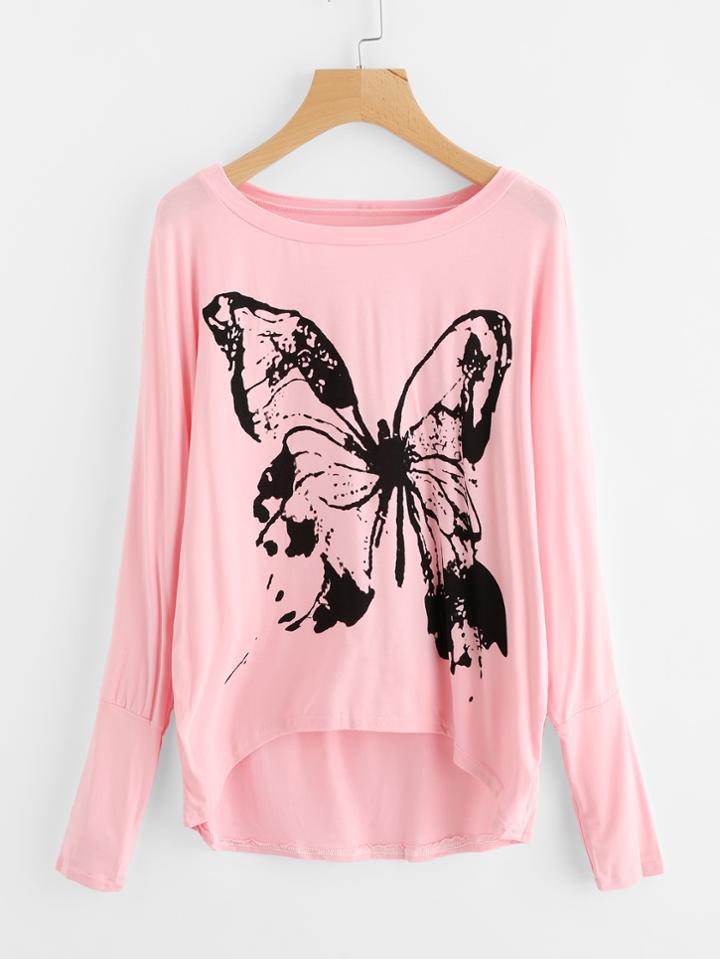 Shein Butterfly Print Batwing Sleeve Dip Hem Tee