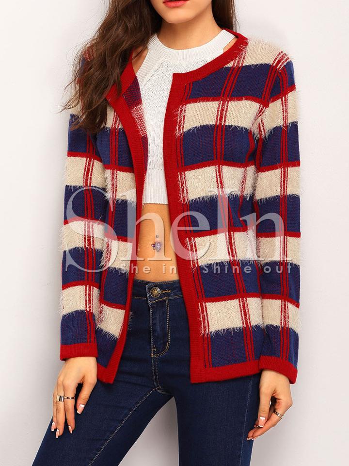 Shein Navy Plaid Collarless Cardigan