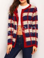 Shein Navy Plaid Collarless Cardigan