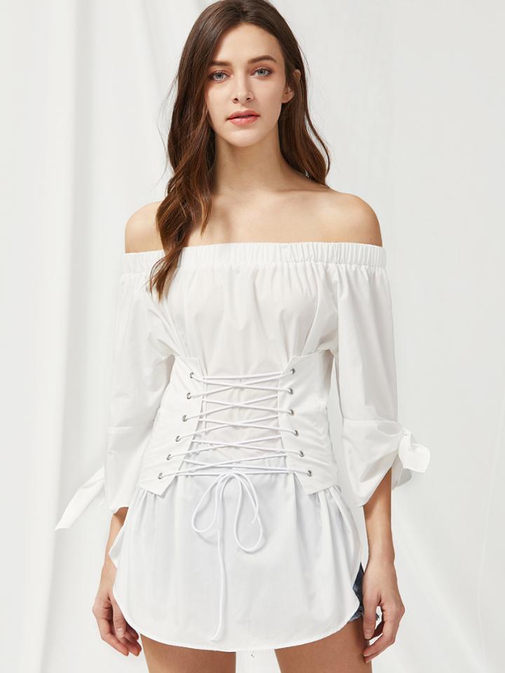 Shein Tie Sleeve Lace Up Corset Detail Dolphin Hem Top