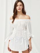 Shein Tie Sleeve Lace Up Corset Detail Dolphin Hem Top