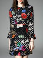 Shein Black Bell Sleeve Polka Dot Floral Dress