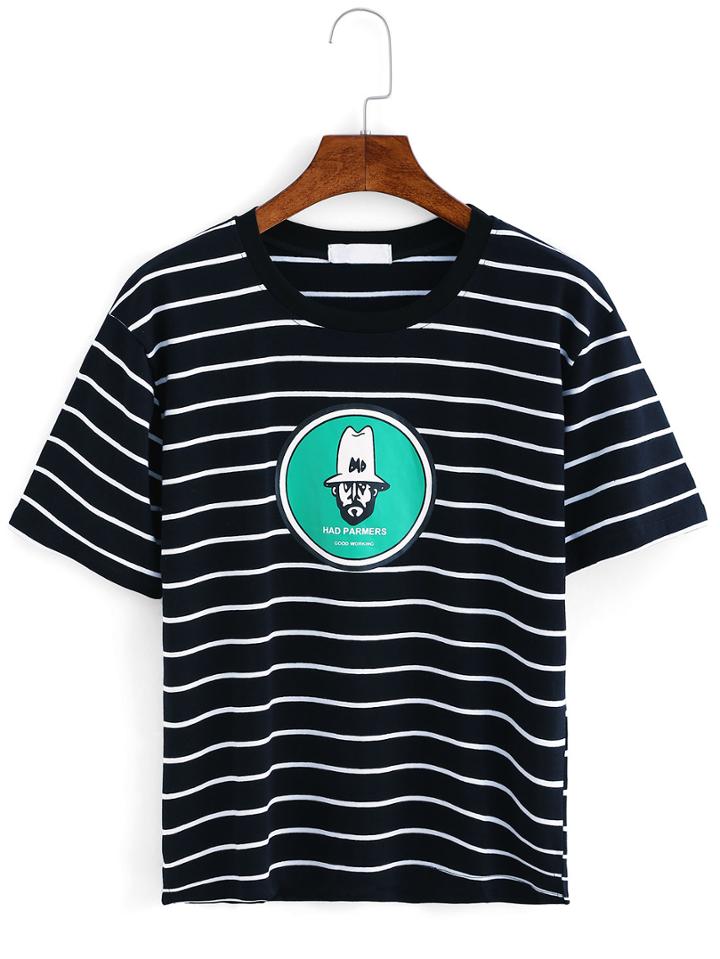 Shein Striped Printed T-shirt - Black