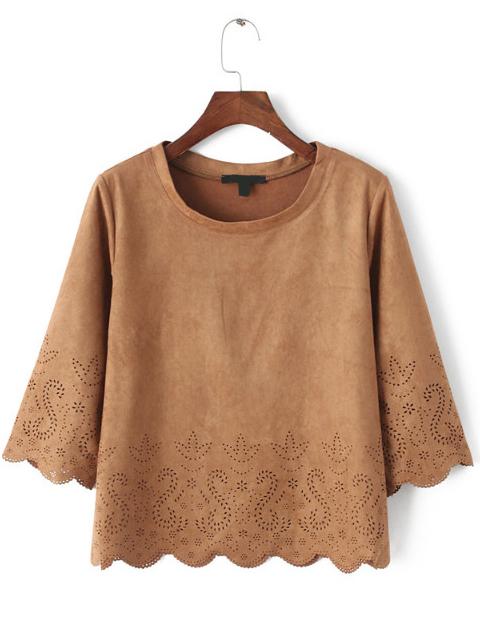 Shein Khaki Round Neck Hollow Crop Blouse