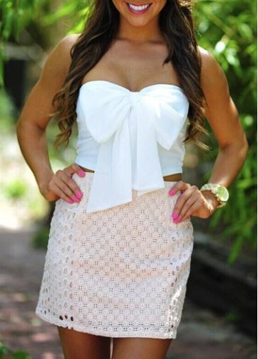 Rosewe Bowtie Embellished White Chiffon Crop Top