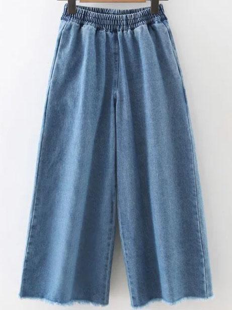 Shein Blue Wide Leg Frayed Denim Pants