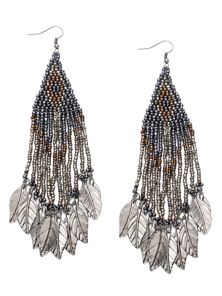 Shein Grey Feather Pendant Beaded Duster Earrings