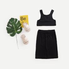 Shein Girls Rib Knit Trim Top With Skirt