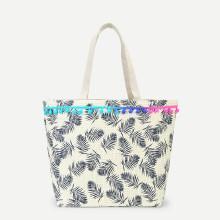 Shein Leaf Print Tote Bag With Pom Pom