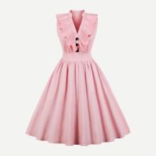 Shein Button Detail Ruffle Trim Circle Dress