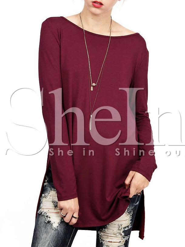 Shein Burgundy Boat Neck Side Slit T-shirt