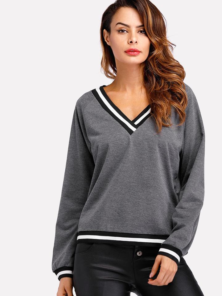 Shein Contrast Striped Trim Marled Sweatshirt