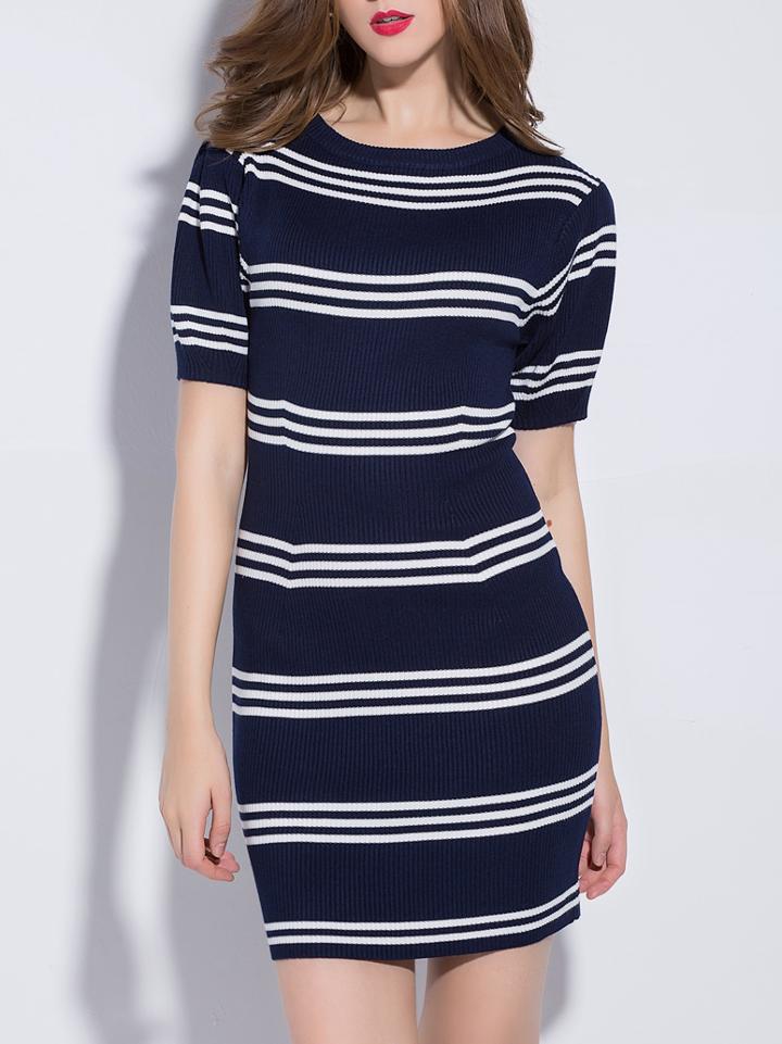 Shein Navy Contrast White Striped Knit Sheath Dress
