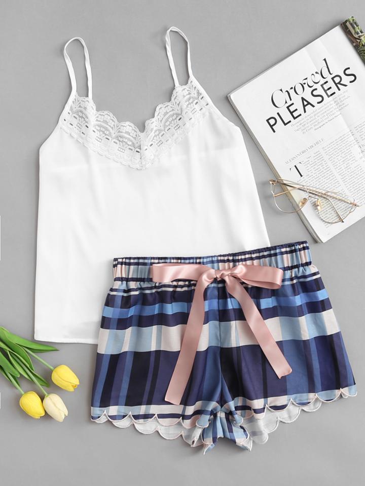 Shein Lace Detail Cami & Scalloped Plaid Shorts Pj Set