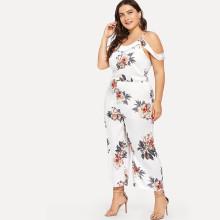 Shein Plus Flounce Embellished Wide Leg Floral Jumpsuit