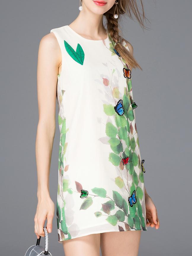 Shein Apricot Crew Neck Bow Leaves Shift Dress