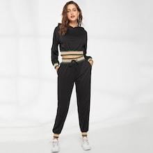 Shein Striped Crop Hoodie & Drawstring Waist Pants
