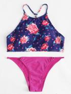 Shein Flower Print High Neck Bikini Set