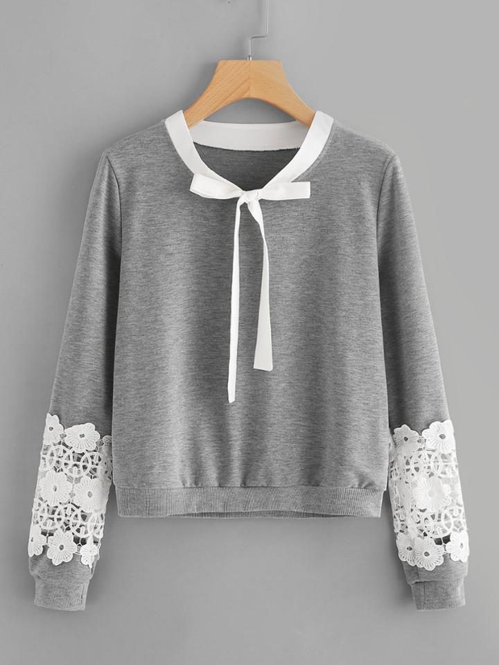Shein Contrast Crochet Bow Tie Neck Marled Sweatshirt