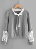 Shein Contrast Crochet Bow Tie Neck Marled Sweatshirt