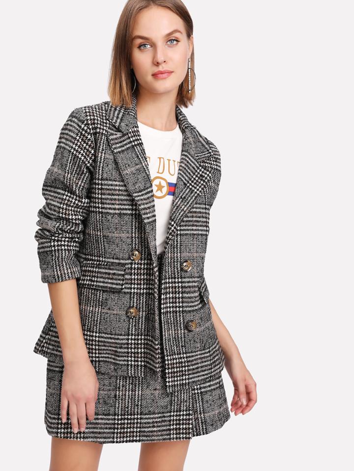 Shein Glen Plaid Tweed Blazer With Skirt