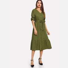 Shein Solid Button Front Tie Waist Dress