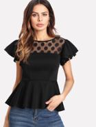 Shein Dot Mesh Yoke Flutter Sleeve Peplum Top