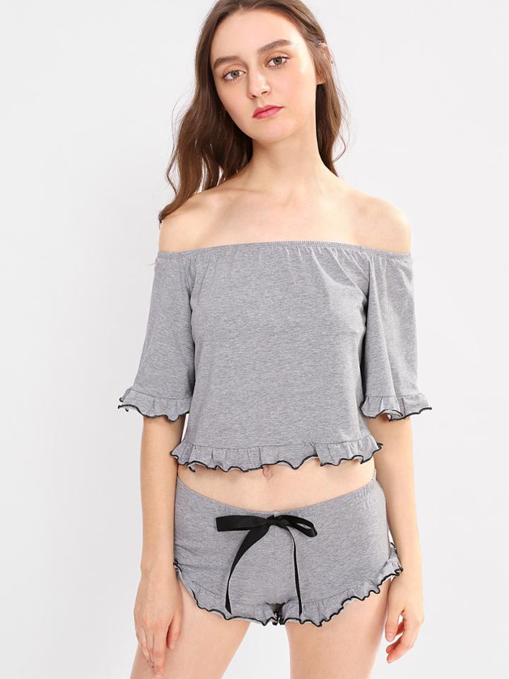 Shein Frill Trim Heather Bardot Top & Shorts Pj Set