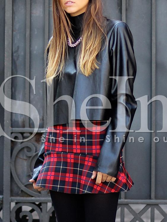 Shein Black Mock Neck Pu Leather Crop Blouse