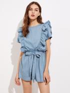 Shein Self Belt Elastic Waist Ruffle Detail Chambray Romper