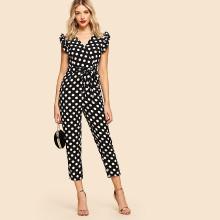 Shein Tie Waist Ruffle Sleeve Dot Print Jumpsuit