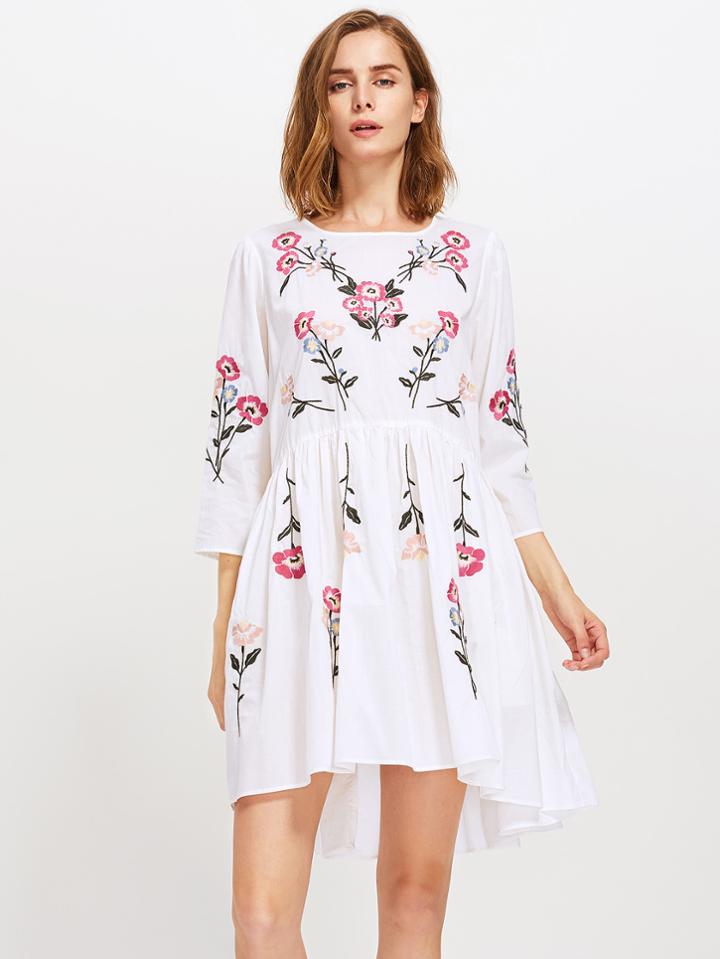 Shein Botanical Embroidered Dip Hem Smock Dress