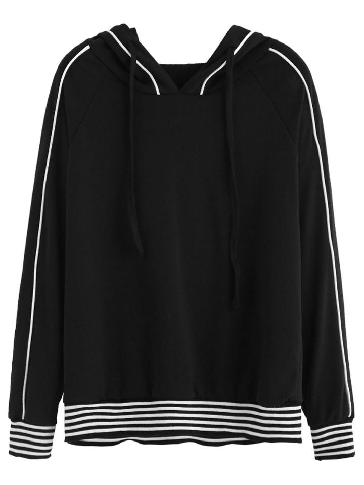 Shein Black Hooded Striped Trim Sweatshirt