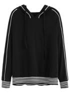 Shein Black Hooded Striped Trim Sweatshirt