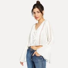Shein Lace Up Bell Sleeve Solid Top