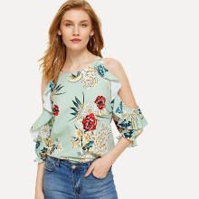 Shein Floral Print Open Shoulder Frill Trim Blouse