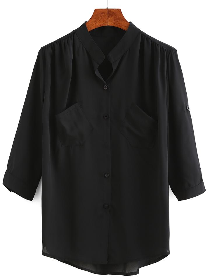 Shein Band Collar Double Pocket Front Blouse
