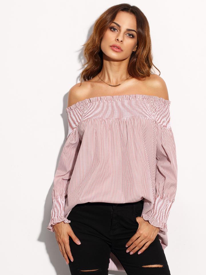 Shein Red Stripe Off The Shoulder Long Sleeve Blouse