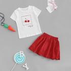 Shein Girls Cherry Pom Pom Letter Top & Skirts Set