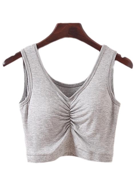 Shein Grey V Neck Pleated Yoga Camis Top With Chest Pad